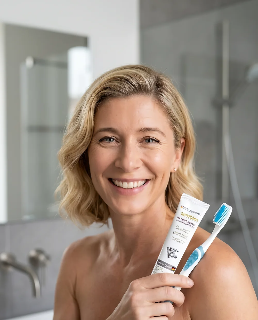 Woman using Das Experten symbios in a Berlin bathroom